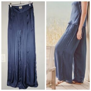 LEALLO Lulu Blue Wide Leg Pant Silky Satin Rayon Stretch Waist Pockets XS Lounge